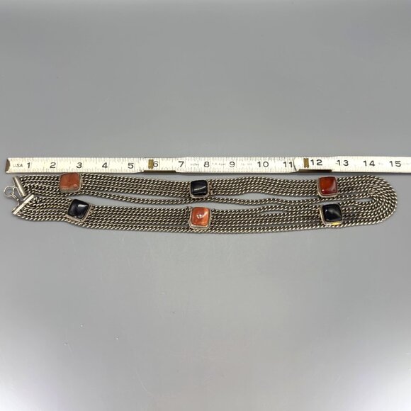 Vtg Multi Strand Pewter Chain Necklace Black Onyx Amber Color Stone Accents - Picture 12 of 16